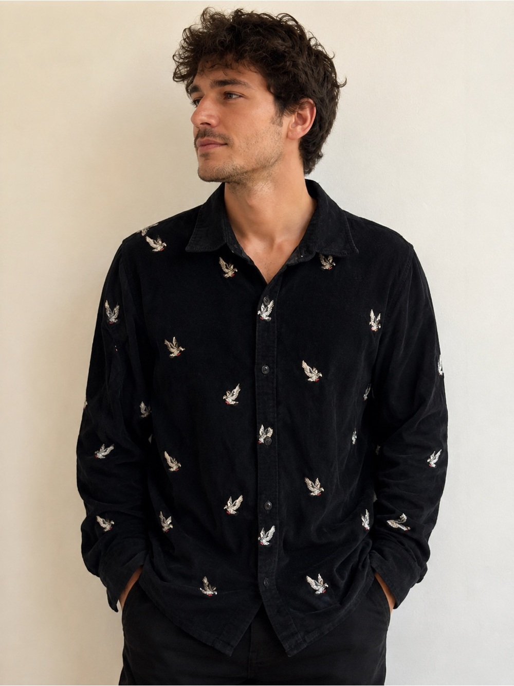 Retro Staple Men's Black Embroidered Button-Up Shirt in corduroy large